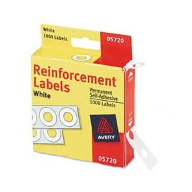 Avery Self-Adhesive Polyvinyl Standard Diameter Hole Reinforcements, White, 1,000 per Pack (05720)
