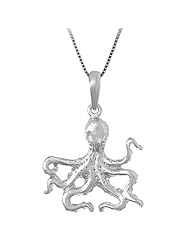 Sterling Silver Octopus Pendant with Wavy Legs / Textured & High Polished with Box Chain