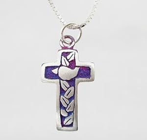 Cross Pendant with Peace Dove and Leaves in Sterling Silver with Patina Finish on a 16" Box Chain, #9106