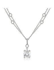 Alexander James White Gold Rhodium Bonded Solitaire Pendant Featuring Prong Set Radiant Cut Clear Cubic Zirconia and Double Chain in Silvertone Chain Included