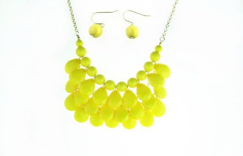 Fashion Grand Stone Layered Necklace Earrings Set - Yellow (JCN6-G-YE)
