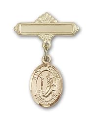 14K Gold Baby Badge with St. Dominic de Guzman Charm and Polished Badge Pin