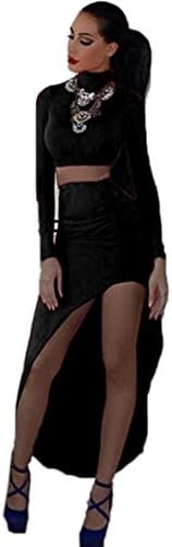 FINEJO Celeb Style Long Sleeves Crop Top + Pencil Skirt Bandage Dress Maxi Skirts