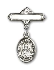 Sterling Silver Baby Badge with St. John Chrysostom Charm and Polished Badge Pin