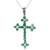 10k White Gold Diamond & Emerald Cross Pendant w/ Chain