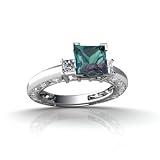 14K White Gold Square Created Alexandrite and Diamond Engagement Ring