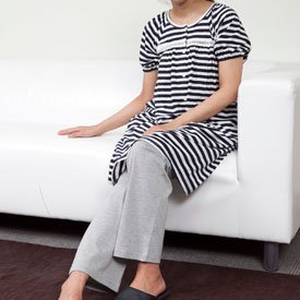 checkolo（チェコロ） 授乳口付 天竺ボーダー×無地パンツ半袖マタニティパジャマ （ネイビー/Mサイズ）