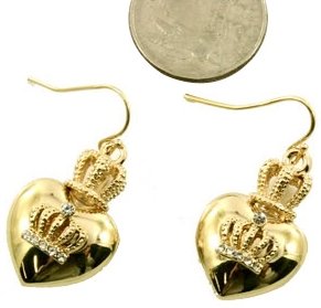 Designer Inspired Puff Heart and Crystal Crown Charm Earrings - Gold Plated
