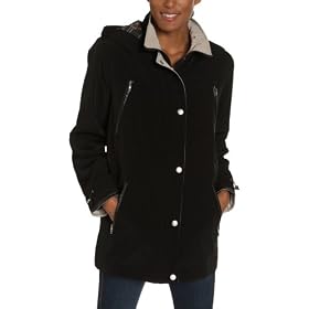 Liz Claiborne Women's Petite Snaux Silk Snap Front Jacket With Hood And Faux Leather Trim Detail