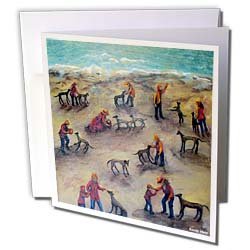 Sandy Welds Greyhounds on the Beach - Greyhound Weekend, kids and dogs play at the beach - Greeting Cards-12 Greeting Cards with envelopes On Sale