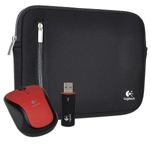 Logitech V220 3-Button Wireless Notebook Optical Scroll Mouse & Neoprene Netbook Sleeve - Fits up to 10.2 (Threatening/Red)