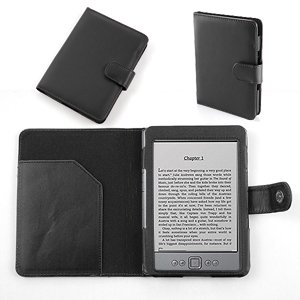 HOUSSE protection etui cuir PU noir porte-carte pour lecteur amazon KINDLE 4 (derniere / nouvelle generation, septembre 2011) + modele Style fixation de l'encadrement