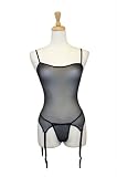 Exposed by Magic Silk Sheer Mesh Queen Merry Widow and G-String Set, One Size Queen, Black