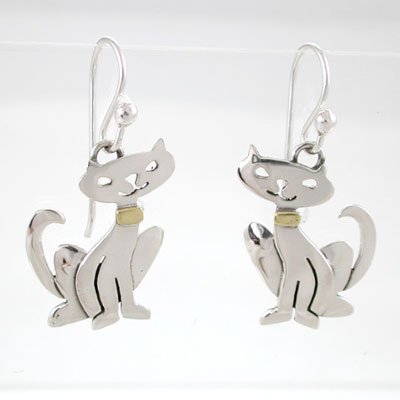 Siamese Cat Dangle Earrings in Sterling Silver and Brass, #8753