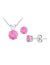 Created Pink Sapphire Solitaire Pendant with Earrings Set in Sterling Silver 2.00 CT TGW