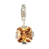 SilberDream Charm Cirkonia Square crystal amber colour 925 Sterling Silver Charms Pendant with Lobster Clasp for Charms Bracelet, Necklace or Charms Carrier FC206N
