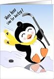 Happy Birthday! Have a Pucking Good Time!, Cute Penguin Playing Hockey Card