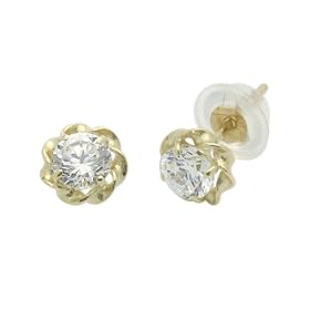 14K Gold Stud Earring CZ Fancy Round Stone Yellow Gold Earring With Screw Back For Kids & Teens