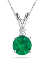0.03 Cts Diamond & 0.20 Cts of 4 mm AA Round Natural Emerald Pendant in 18K White Gold