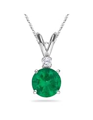 0.03 Cts Diamond & 0.55 Cts of 5.5 mm AA Round Natural Emerald Pendant in 14K White Gold