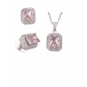 Buy Sterling Silver Emerald Cut CZ Pendant and Necklace Set in Pave Setting, Pink by SilverBin