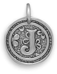 Alphabet Initial J Pendant Victorian Wax Seal Charm Vintage Chic Antiqued Sterling Silver