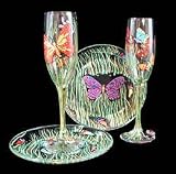 Butterfly Meadow Design - Hand Painted - Matching Set of Toasting Flutes - 6 oz. & 7 inch Cake Plates