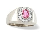 14K White Gold Oval Created Pink Sapphire and Diamond Men's Ring