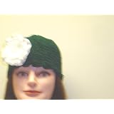 Cp155, Hand Crocheted Forest Green Chenille Gimp Tweed Skull Cap with One White Silk Rose for Women and Teens