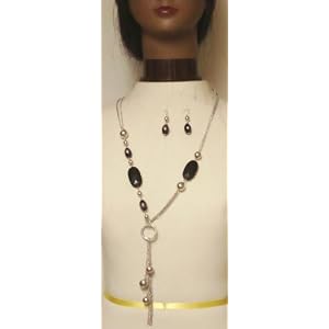 Antique Silver Plated Medium Chain Necklace with Simulated Amber Pearl Black Beads and Earrings