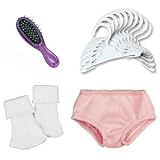 Complete Doll Accessories Set for 18 Inch Dolls & American Girl Dolls, Purple Doll Hairbrush, White Doll Socks, Doll Underwear & 10 Plastic Doll Hangers