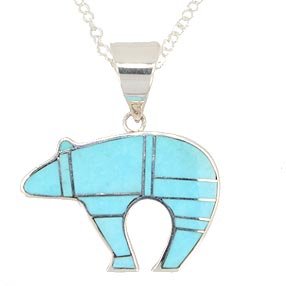 Southwestern Reversible Bear with Heartline Pendant by Native American Navajo Artist in Turquoise Inlay and Sterling Silver on 20" Rolo Chain, for Men or Women #7734
