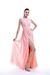 A-line Natural   Waistline High-Neck Lace Slit Sleeveless Floor Length Chiffon Evening Dress 