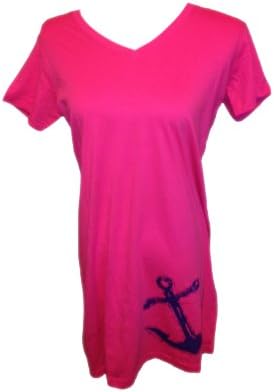 Beach Themed Cotton V-Neck Dress/Sleepshirt/Cover-Up (L/XL, Anchor Blue on Hot pink)