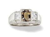 14K White Gold Genuine Oval Smoky Quartz and Diamond Men's Ring