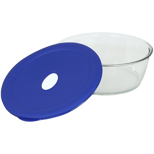 Pyrex Storage Deluxe 3-Quart Round Dish, Clear with Blue Lid