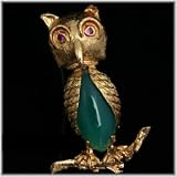 18k Yellow Gold 3.4 Ct Chrysoprase Cabochon & Ruby Owl Estate Brooch