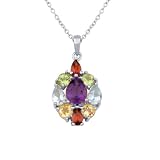 Rhodium Plated Sterling Silver Genuine Multi-Gemstone Pendant Necklace, 18″