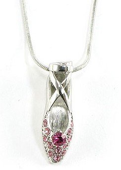Gorgeous Pink Crystal Single Ballet Slipper Charm Necklace Silver Tone