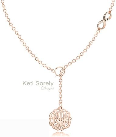 Lariat Monogram Necklace with Infinity Symbol - V Neck Necklace (rose-gold-and-sterling-silver)