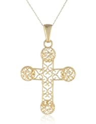 14K Italian Yellow Gold Fancy Filigree Cross Pendant Necklace, 18"