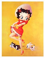 Betty Boop Print Red Dress Cat & Dog Chase Picture