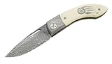 Fox Damast-Einhandmesser, Damasteel, 364 Lagen, limitiert, Mammut-Schalen, Titan-Liner, Lederetui, Holzbox