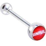 Red and White SINFUL Logo Barbell Tongue Ring
