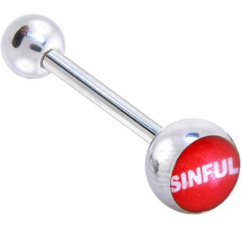 Red and White SINFUL Logo Barbell Tongue Ring