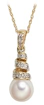 Freshwater Cultured Pearl 7.5-8.0mm Pendant w/ Diamond (.06ctw) on 14k Yellow Gold Chain, 18"