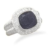 Sterling Silver Rough-Cut Sapphire and Clear CZ Ring - Size 6