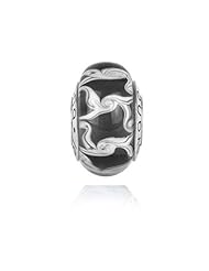 Murano Glass Black and White Swirling Lines Charm on Sterling Silver , Fits Jovana, Pandora Bracelet