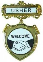Badge-Usher Welcome-Pin Back-Shield-Brass