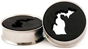 Pair of Michigan Black, Plugs, Flesh Tunnel Ear Gauges with Double Flared 316L Stainless Steel